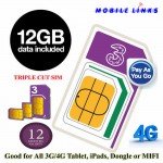 3 Mobile 4G Trio PAYG SIM Pack Preloaded with 12GB Data for Mobile Broadband